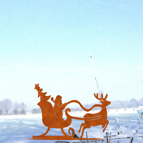 Weihnachtsdeko Weihnachtsmannschlitten auf Platte kl.